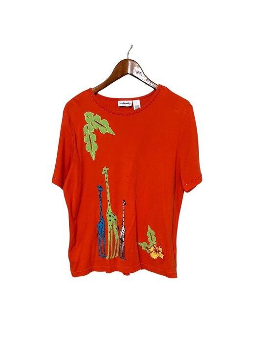 breckenridge Tops - Orange Cotton T-Shirt Giraffe & Floral Appliqué Short Sleeves Beaded Neckline